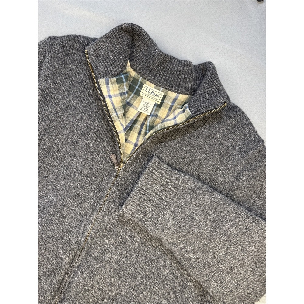 LL Bean Ragg Lamb's Wool Sweater Men XL Gray Full Zip Flannel Plaid Lined VTG
